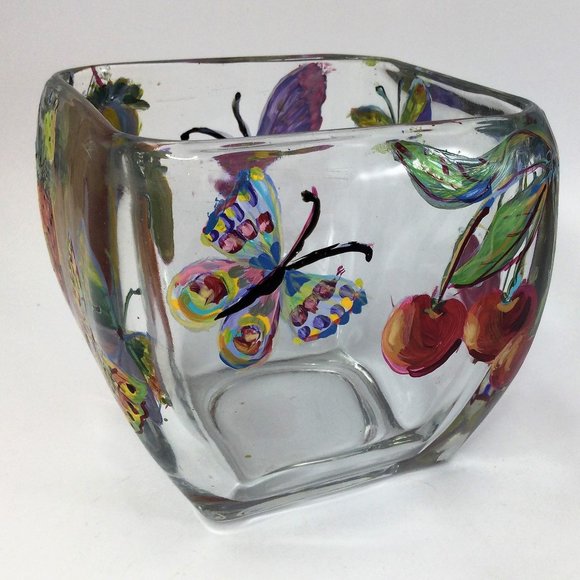 Rectangular Small 4" Glass Vase Hand Painted Butterflies Fruits Signed - Picture 3 of 4